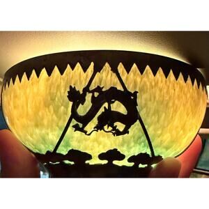 Antique Chinese Green Natural Jade Bowl Ornate Metal Trim